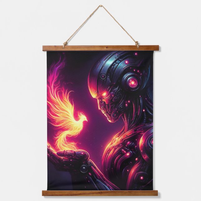 Cyber Futuristic Robot Phoenix Fire Spirit Hanging Tapestry (Front)