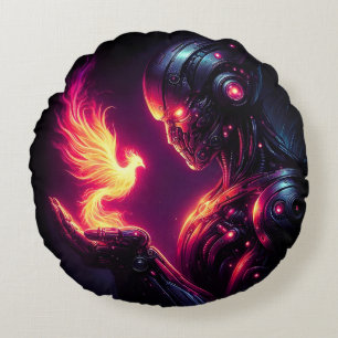 Cyber Futuristic Robot Phoenix Fire Spirit Round Cushion
