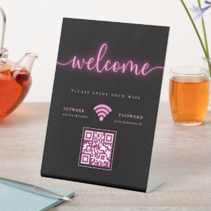 Cyber Glowing Neon Pink Welcome WIFI QR Code Pedestal Sign