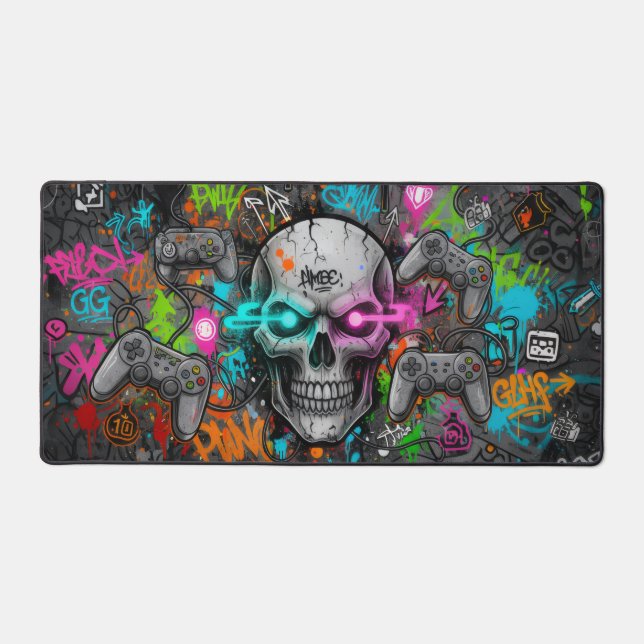 Cyber-Graffiti Skull and Neon Controllers (sour Desk Mat (Front)