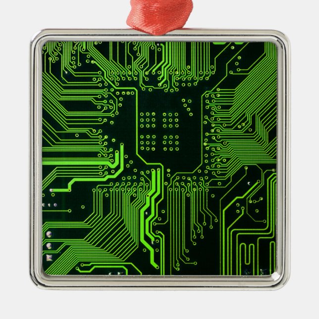 Cyber Green PCB Circuit Board Trace Pattern Art Metal Ornament (Front)