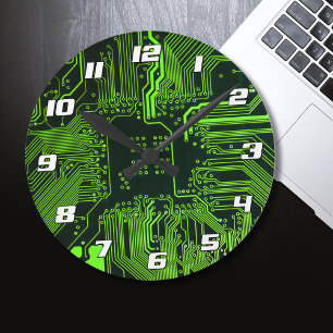 Cyber Green PCB Circuit Board Trace Pattern Art Round Clock