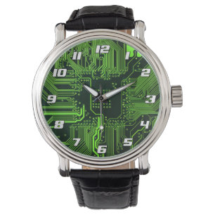 Cyber Green PCB Circuit Board Trace Pattern Art Watch