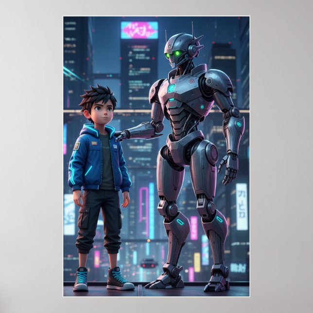 Cyber Guardian | Sci-Fi Robot & Kid Art Poster (Front)