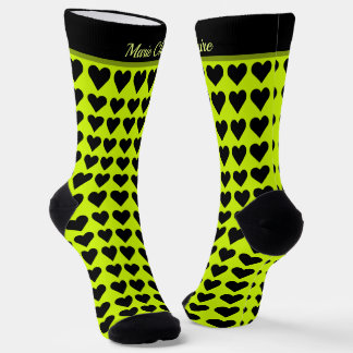 Cyber Lime Black Little Hearts Custom Name Script Socks