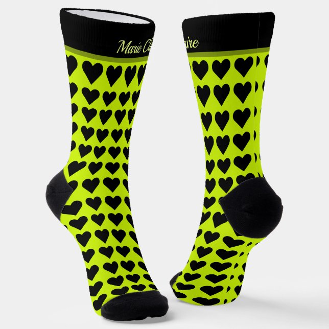 Cyber Lime Black Little Hearts Custom Name Script  Socks (Angled)