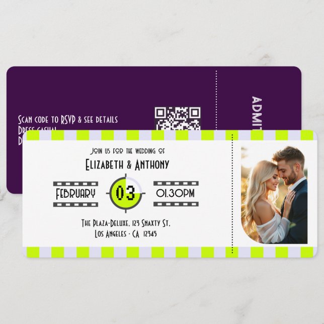 Cyber Lime/Digital Lavender/Purple Cinema Ticket Invitation (Front/Back)