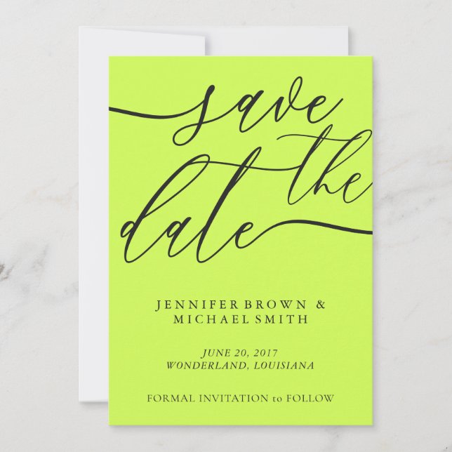 Cyber Lime Jet Black Custom Photo Calligraphy Save The Date (Front)