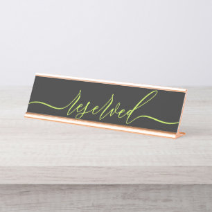 Cyber Lime Jet Black Script Table Reserved Desk Name Plate