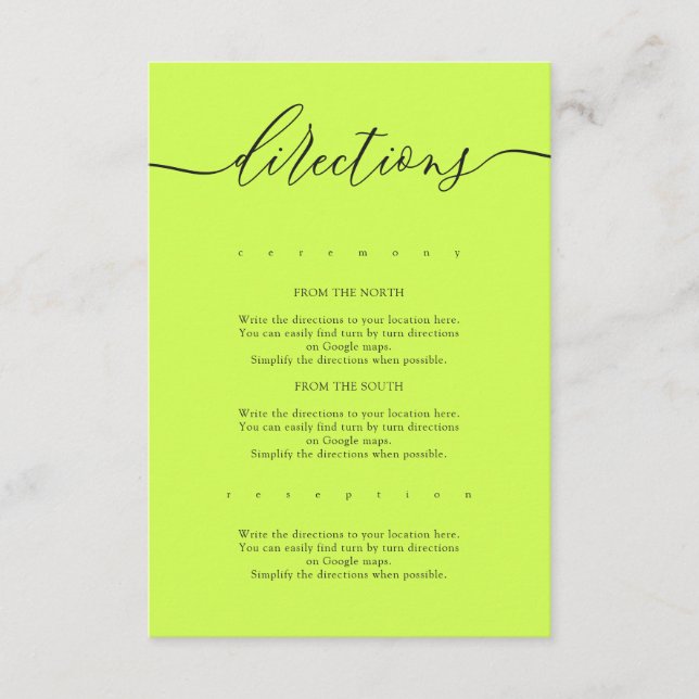 Cyber Lime Jet Black Simple Wedding Directions Enclosure Card (Front)