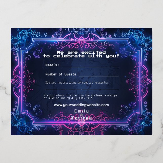Cyber-Mediaeval Fusion Wedding RSVP Card REAL FOIL (Front)