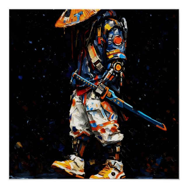 Cyber Ninja Palette Knife Neon Orange Impasto Poster (Front)