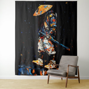 Cyber Ninja Palette Knife Neon Orange Impasto Tapestry