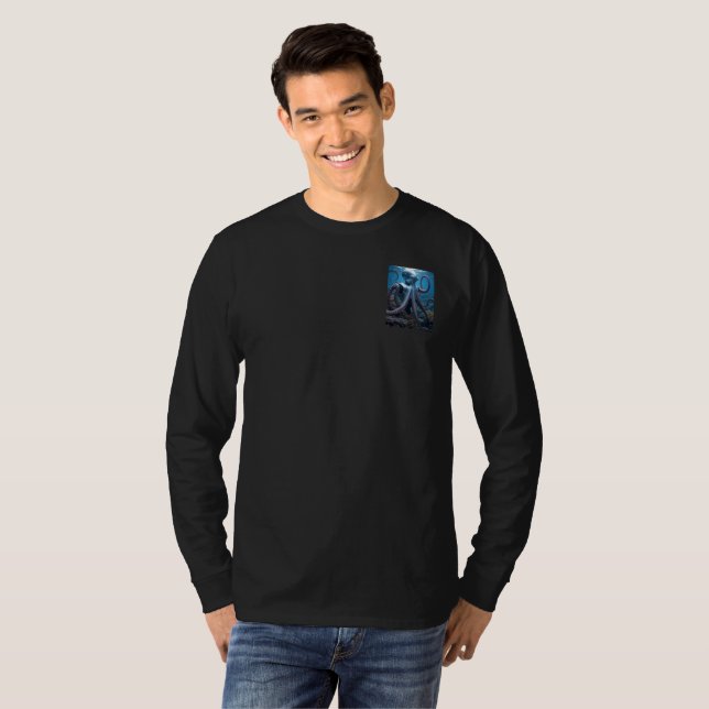 Cyber Octopus men black long sleeve T-shirt pocket (Front Full)