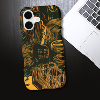 Cyber Orange PCB Circuit Board Trace Pattern Art