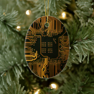 Cyber Orange PCB Circuit Board Trace Pattern Art Ceramic Ornament