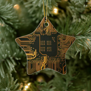 Cyber Orange PCB Circuit Board Trace Pattern Art Ceramic Ornament