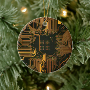 Cyber Orange PCB Circuit Board Trace Pattern Art Ceramic Ornament