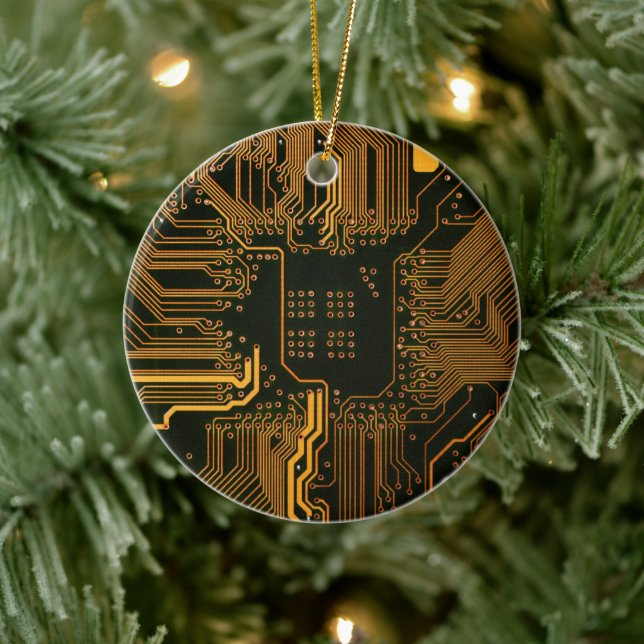 Cyber Orange PCB Circuit Board Trace Pattern Art Ceramic Ornament (Tree)