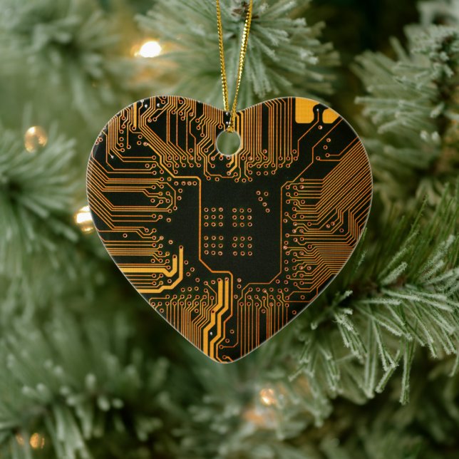 Cyber Orange PCB Circuit Board Trace Pattern Art Ceramic Ornament (Tree)