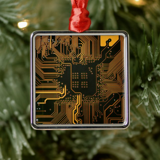 Cyber Orange PCB Circuit Board Trace Pattern Art Metal Ornament (Tree)