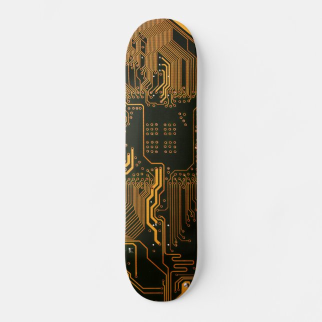 Cyber Orange PCB Circuit Board Trace Pattern Art Skateboard (Front)