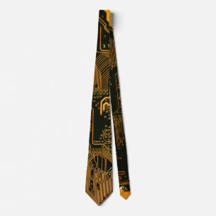 Cyber Orange PCB Circuit Board Trace Pattern Art Tie