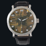 Cyber Orange PCB Circuit Board Trace Pattern Art Watch<br><div class="desc">Infuse your gear with a high-tech aesthetic featuring this high-definition graphic of a bare Printed Circuit Board (PCB). Designed for those who appreciate the foundational architecture of digital technology, this visual focuses on the minimalist beauty of a deep orange solder mask accented by a complex network of silver conductive traces...</div>