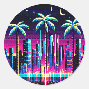 Cyber Palms: Neon Nightscape Classic Round Sticker