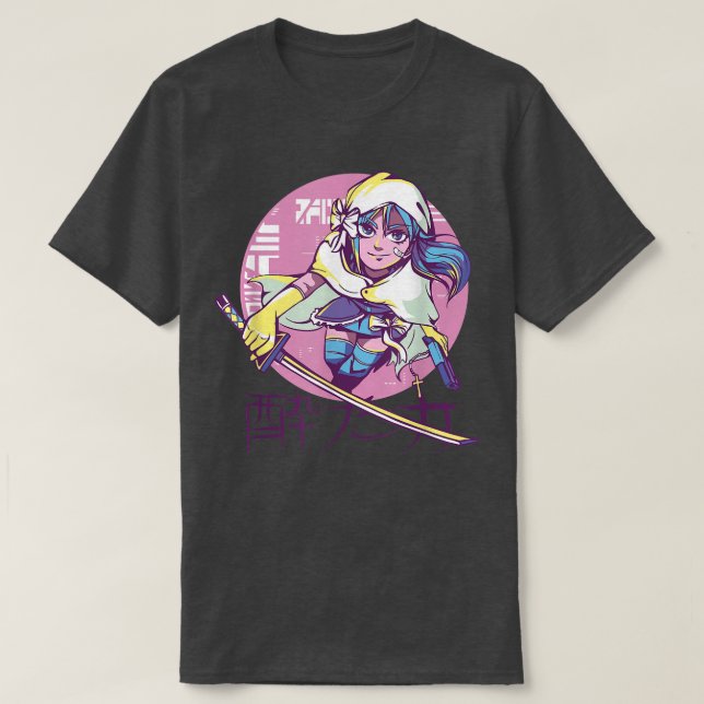 Cyber Punk Anime Warrior Girl Retro Kanji Japanese T-Shirt (Design Front)