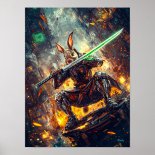 Cyber Ronin Rabbit – Neon Blade Guardian Poster