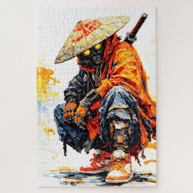 Cyber Samurai Palette Knife Neon Orange Impasto Jigsaw Puzzle (Vertical)