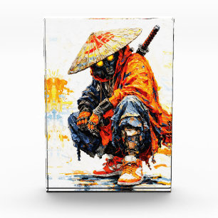 Cyber Samurai Palette Knife Neon Orange Impasto Photo Block