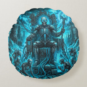 Cyber Skeleton King & Grim Reaper Electric Blue Round Cushion