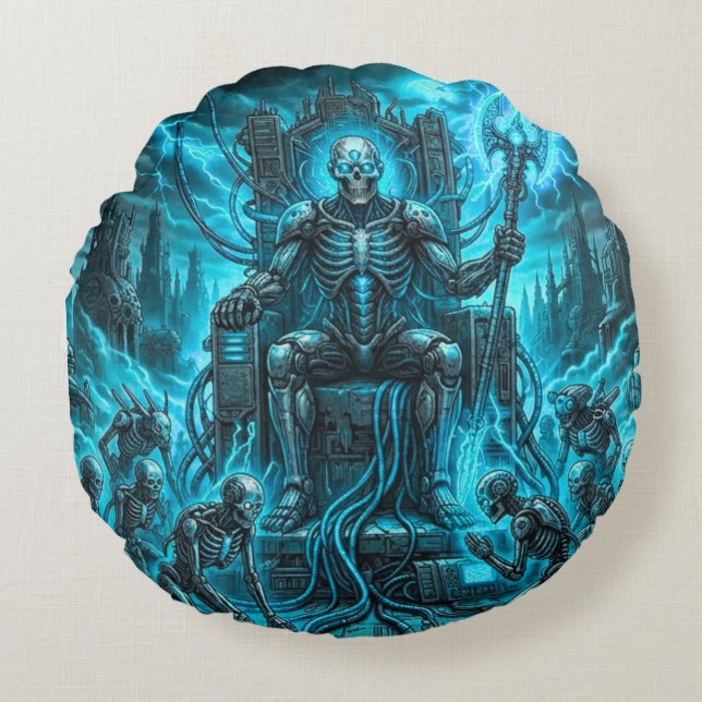 Cyber Skeleton King & Grim Reaper Electric Blue  Round Cushion (Front)