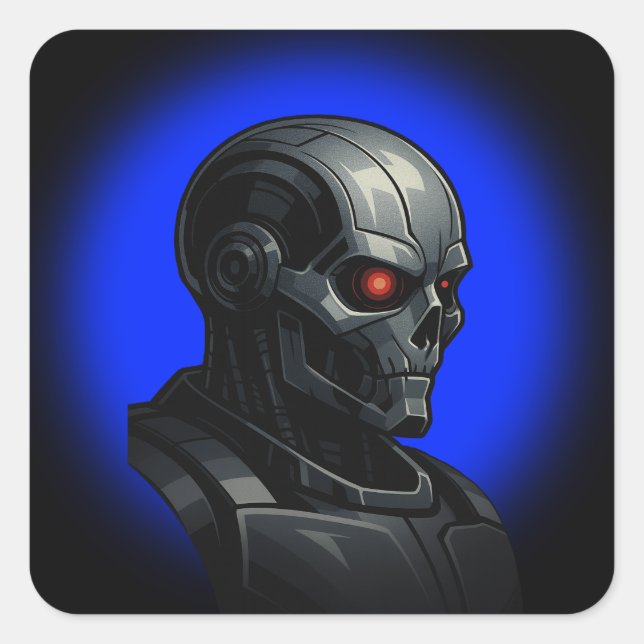 Cyber Skull Blue Glow Robot Head Graphic Design Square Sticker (Front)
