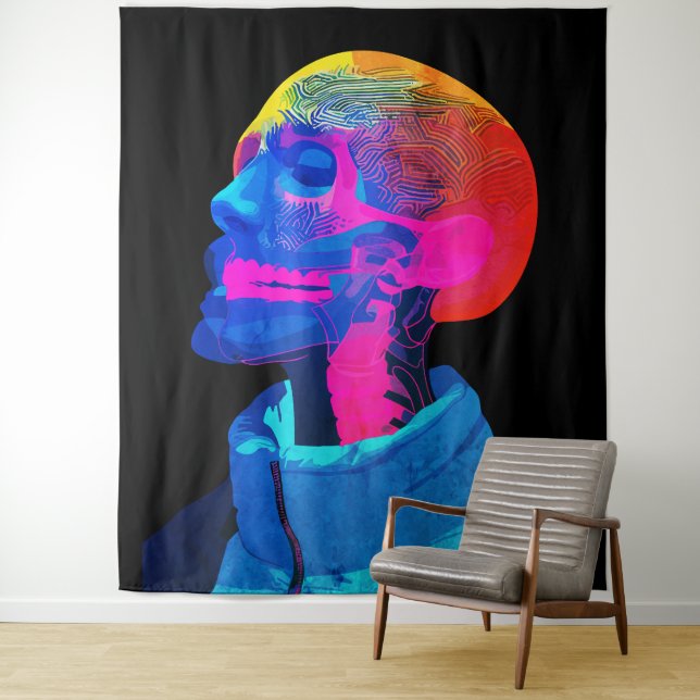 Cyber Skull – Futuristic Anatomy Art Tapestry (In Situ)