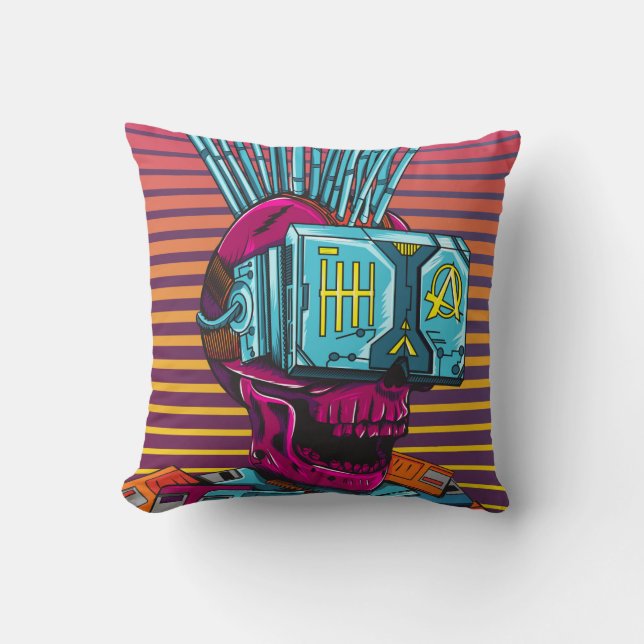 Cyber Skull Virtual Reality Cyberpunk floppy disc  Cushion (Front)