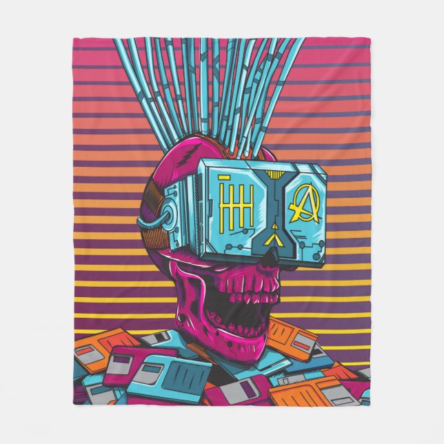 Cyber Skull Virtual Reality Cyberpunk floppy disc  Fleece Blanket (Front)