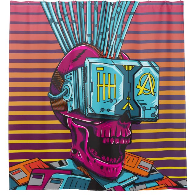 Cyber Skull Virtual Reality Cyberpunk floppy disc  Shower Curtain (Front)
