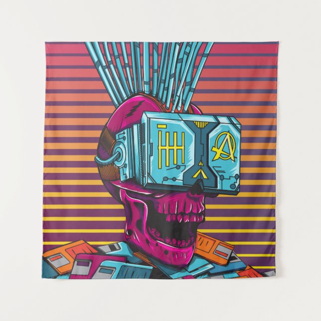 Cyber Skull Virtual Reality Cyberpunk floppy disc  Tapestry (Front)