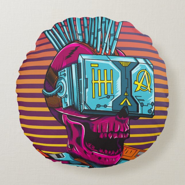 Cyber Skull Virtual Reality Cyberpunk floppy disk  Round Cushion (Front)