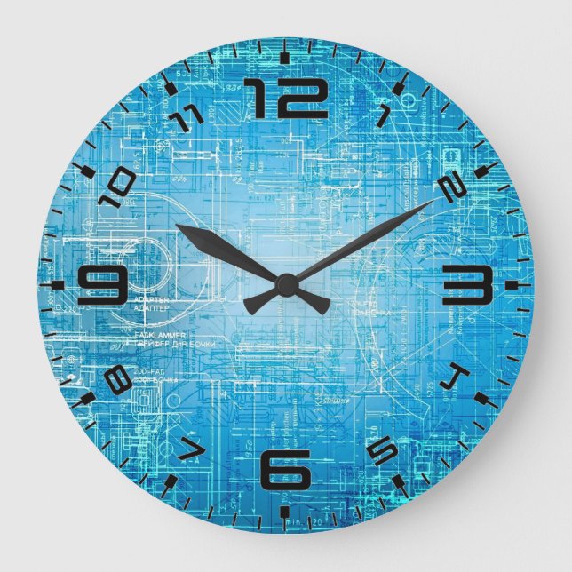 Cyber Tech Blueprint - Electric Blue Wall Clock (Front)