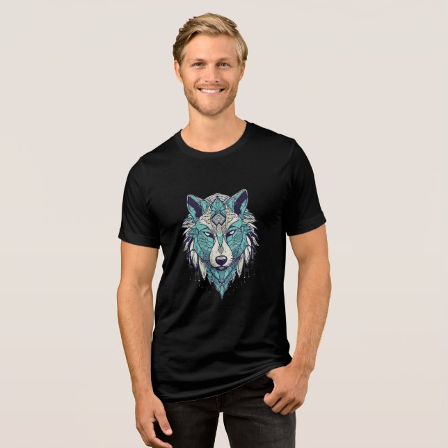 Cyber Tribal Blue Wolf Head Tri-Blend Shirt (Front Full)