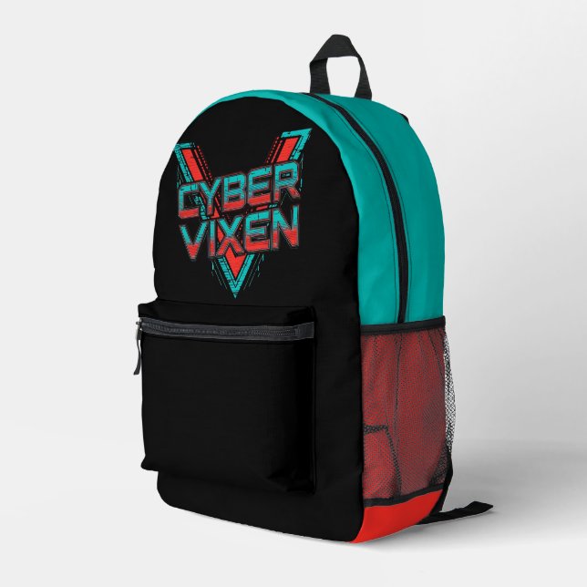 Cyber Vixen Gamer Girl | Colorblock Gaming Graphic Printed Backpack (Back Corner Right)