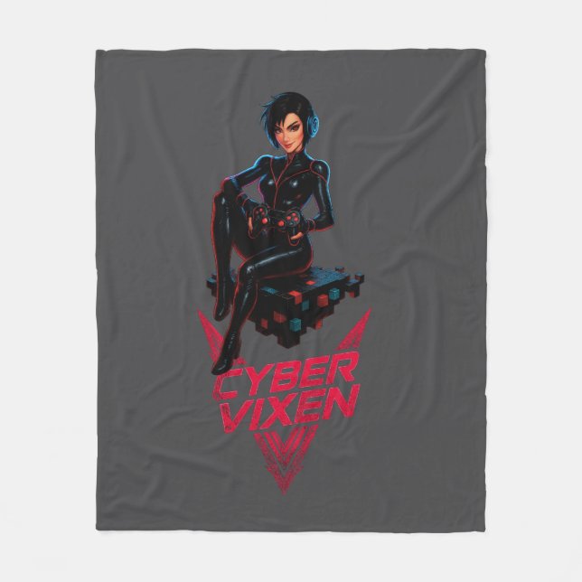 Cyber Vixen Gamer Girl - Gray Video Gaming Graphic Fleece Blanket (Front)