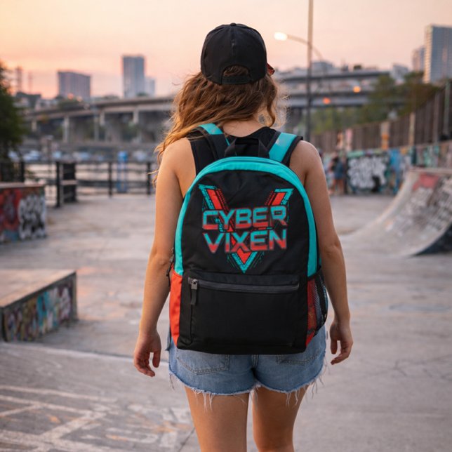 Cyber Vixen - Gamer Girl - Red Teal Gaming Graphic Printed Backpack (Creator Uploaded)