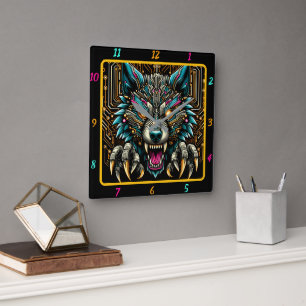 Cyber Wolf Electric Neon Colour Art Square Wall Clock