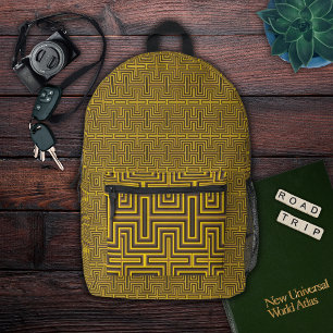 Cyber Yellow Geometric Maze Circuit Pattern Printed Backpack