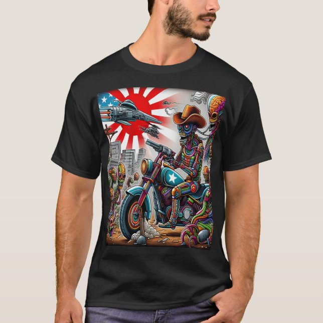 Cybernetic Bikers in Psychedelic Apocalypse T-Shirt (Front)